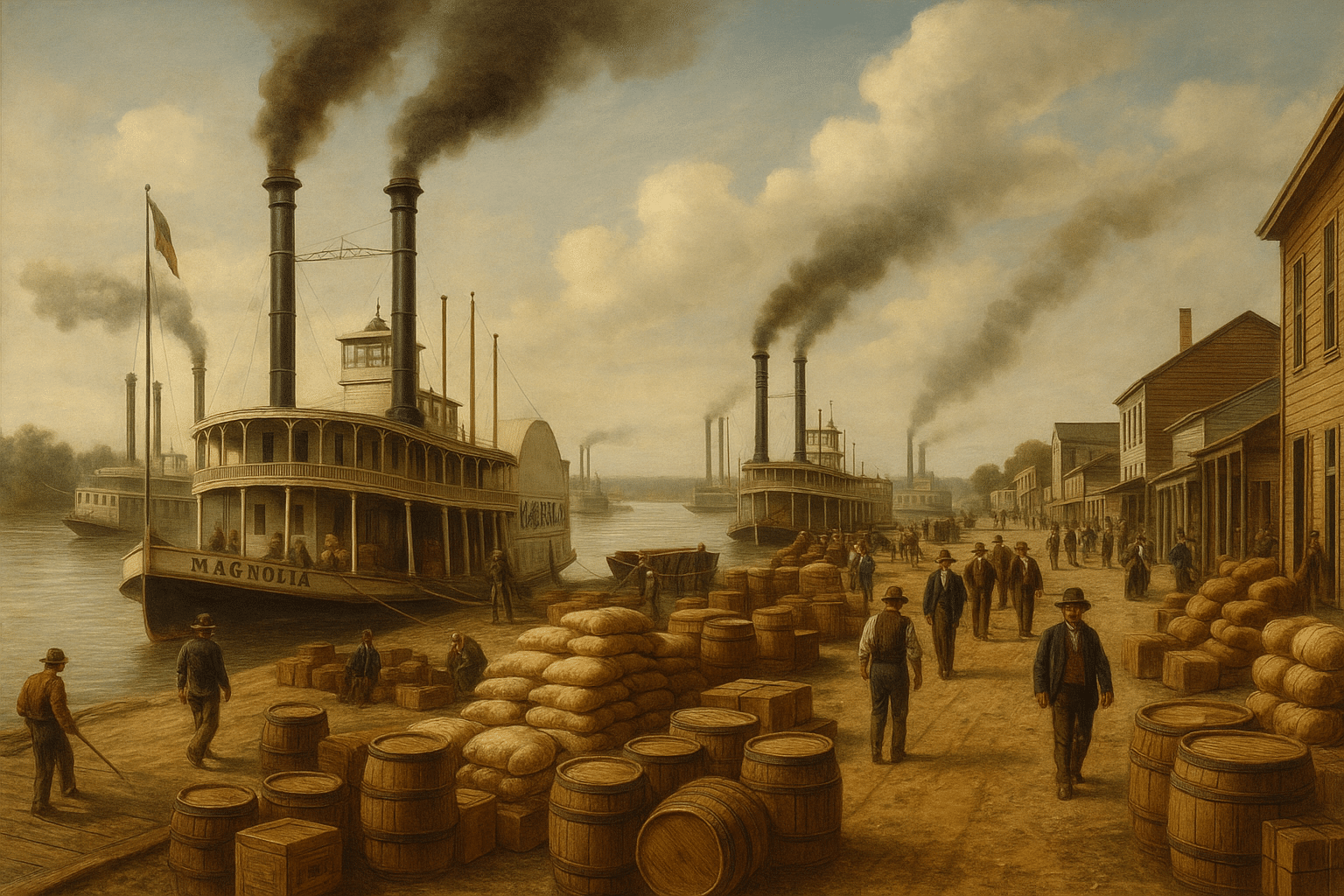 Busy 19th-century riverfront in Cairo, Illinois, with steamboats, warehouses, workers, and goods like cotton bales and barrels.