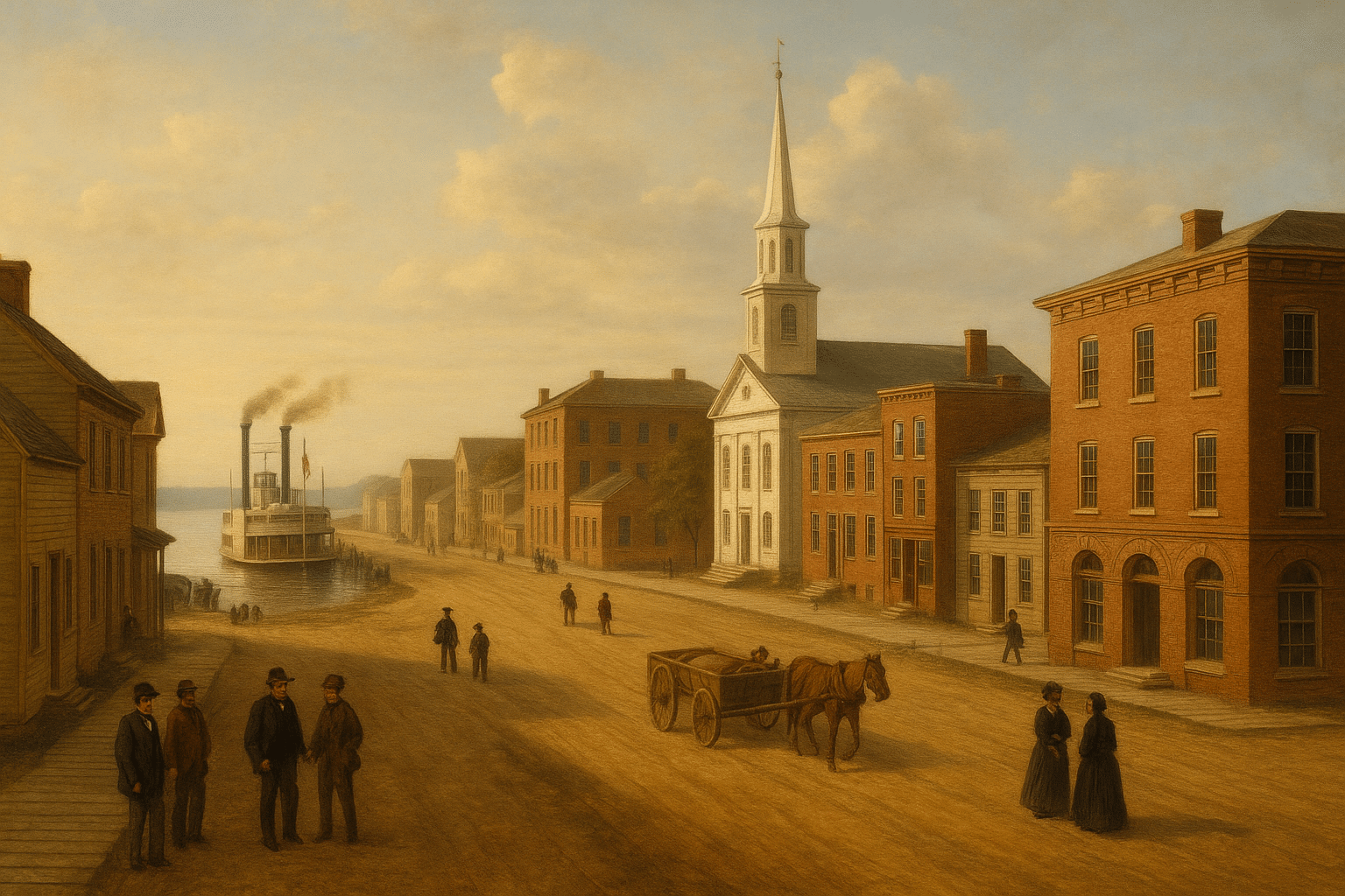 Post-Civil War Cairo street scene with townspeople, horse-drawn wagon, brick buildings, white church, and a steamboat docked at the river.