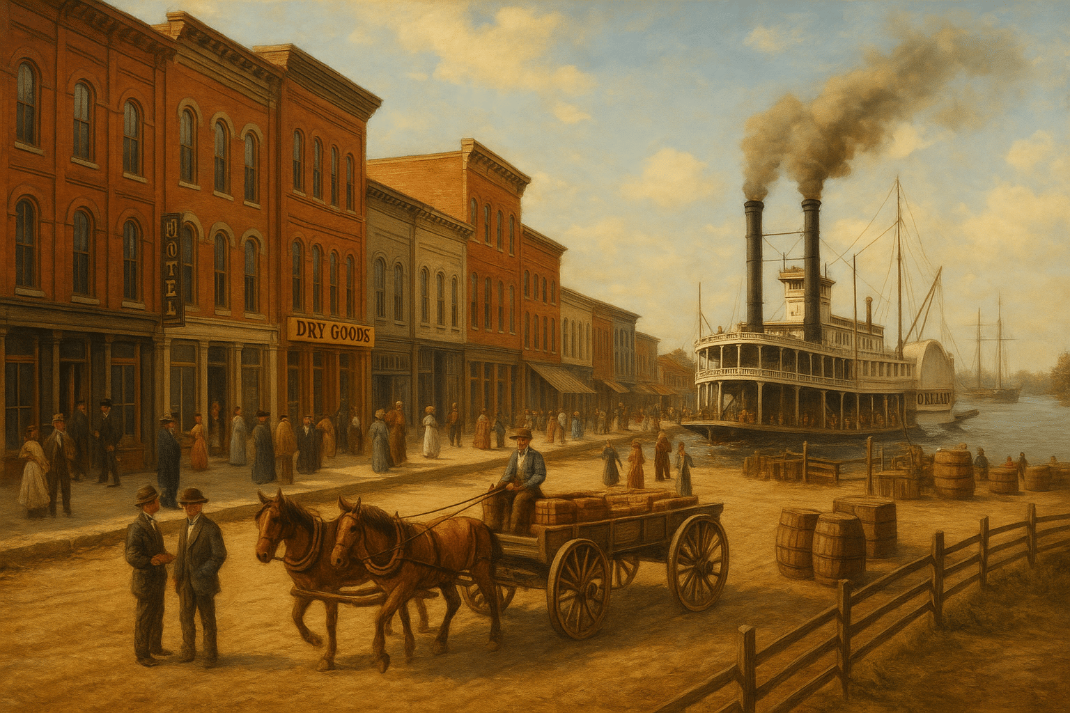 9th-century Cairo riverfront with steamboat, brick commercial buildings, dry goods store, hotel, horse-drawn wagon, and bustling pedestrians.