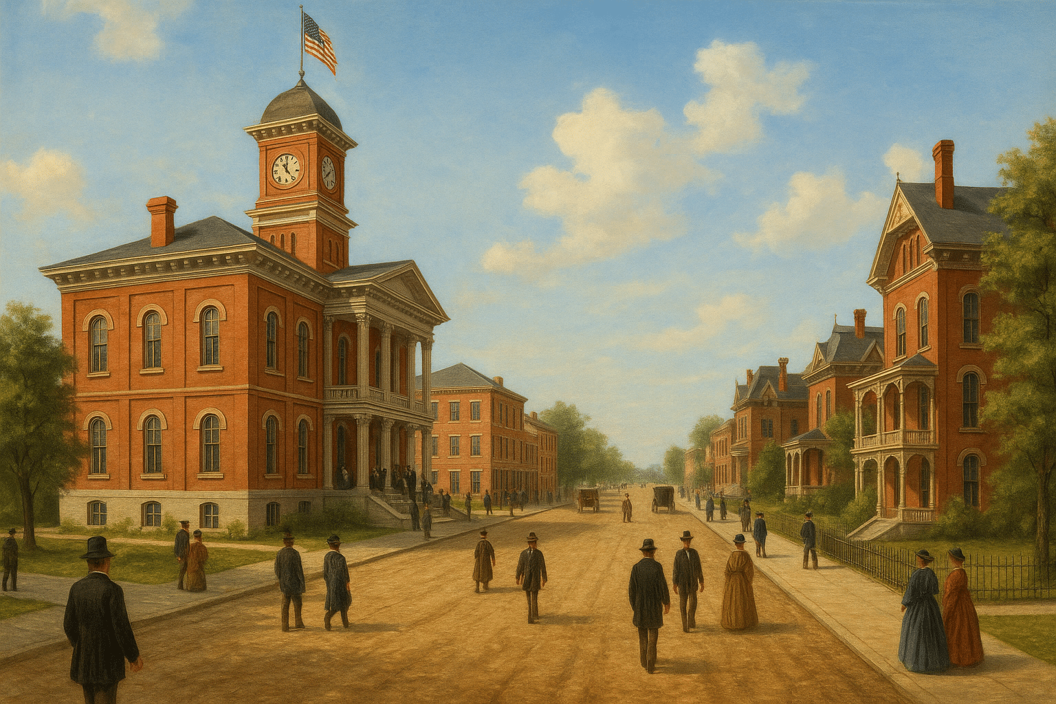 9th-century Cairo street with a red-brick courthouse featuring a clock tower, Victorian homes, carriages, and pedestrians symbolizing civic ambition.