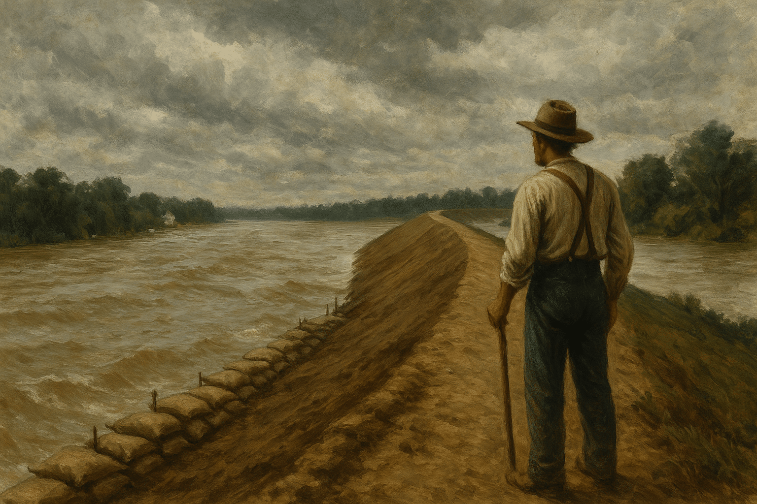 Man standing on an earthen levee overlooking a stormy river, with sandbags lining the edge under an overcast sky.