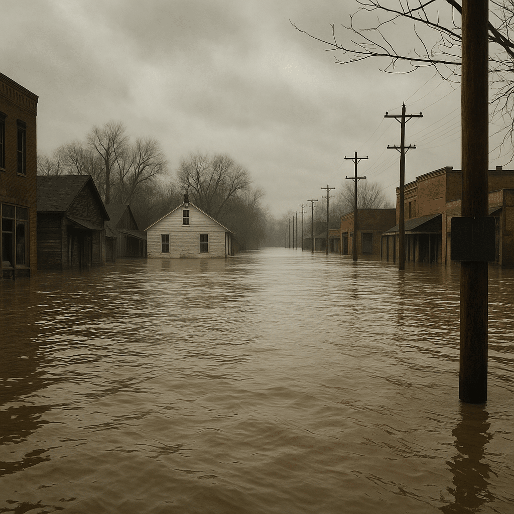 Flooded small-town street with buildings and utility poles partially submerged under murky brown water on a cloudy day.