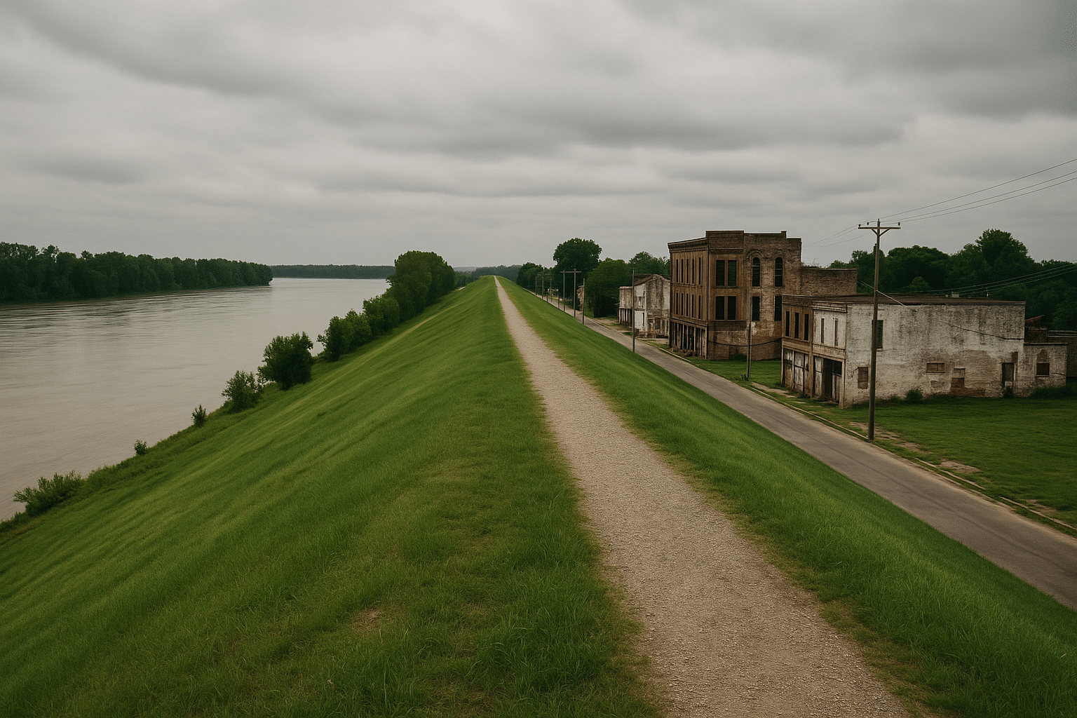 Modern grassy levee in Cairo, Illinois, with calm river on one side and decaying abandoned town buildings on the other under cloudy skies.