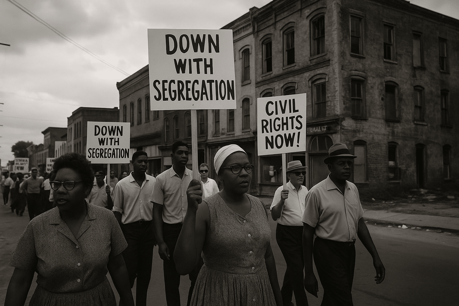 1960s civil rights march in Cairo, Illinois, with African American demonstrators carrying signs reading “Civil Rights Now!” and “Down With Segregation.”