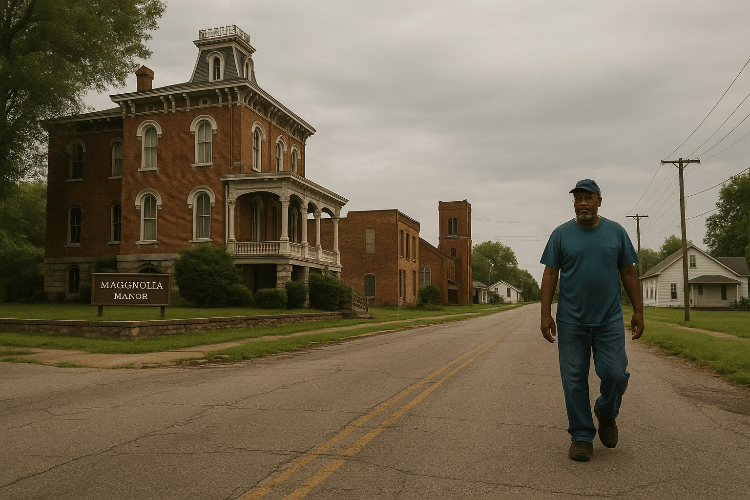 Middle-aged man walking down a cracked street in Cairo, Illinois, with Magnolia Manor and historic brick buildings in the background under cloudy skies.