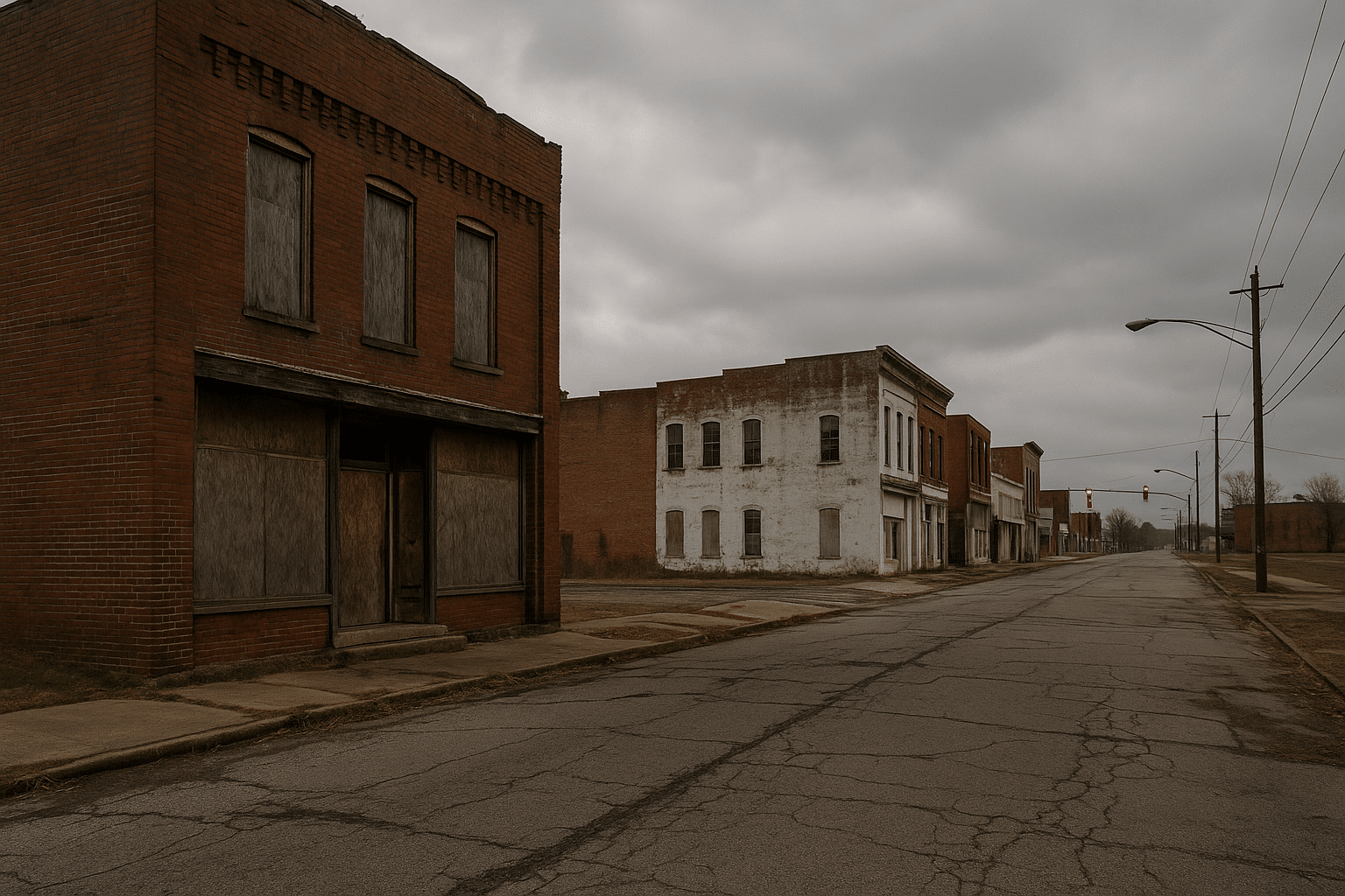 Abandoned street in Cairo, Illinois, with boarded-up brick buildings, cracked pavement, and a gloomy overcast sky.