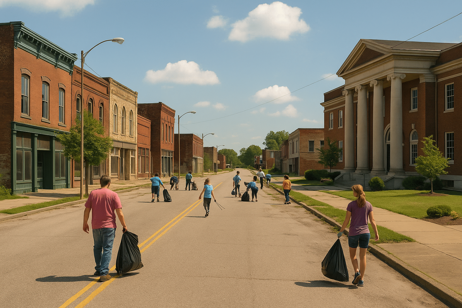 Community members cleaning up a historic downtown street in Cairo, Illinois, with brick buildings and a neoclassical courthouse under a bright sky.