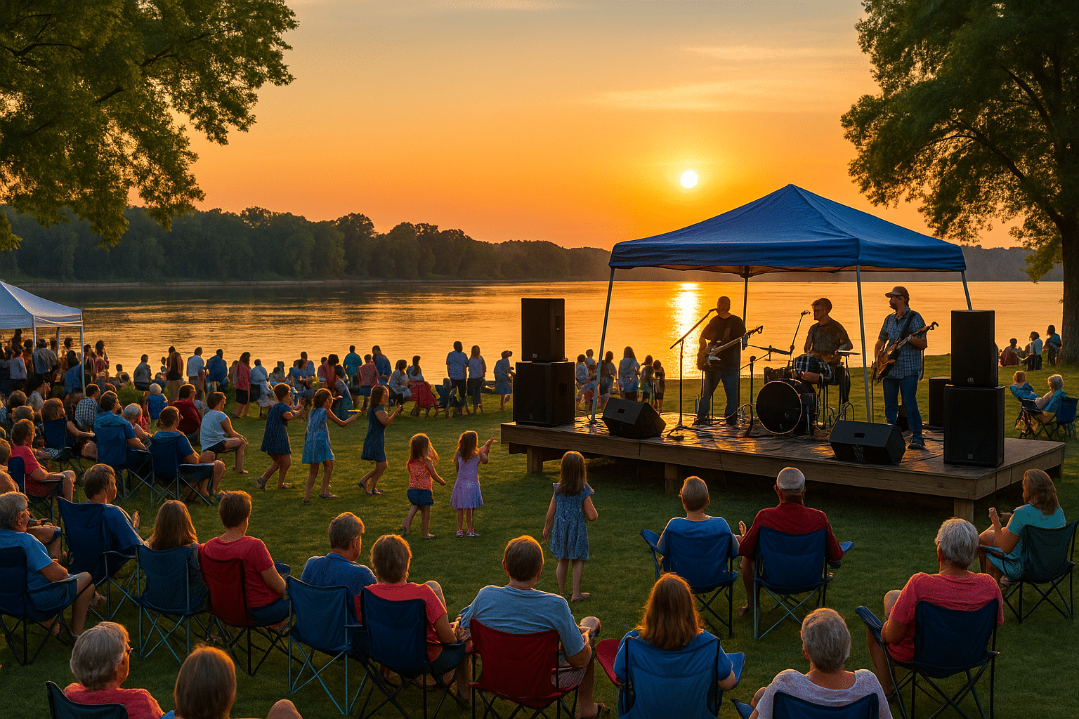 Outdoor summer concert by the Mississippi River at sunset, with a local band performing on stage, families seated on lawn chairs, and children dancing in front of the stage.