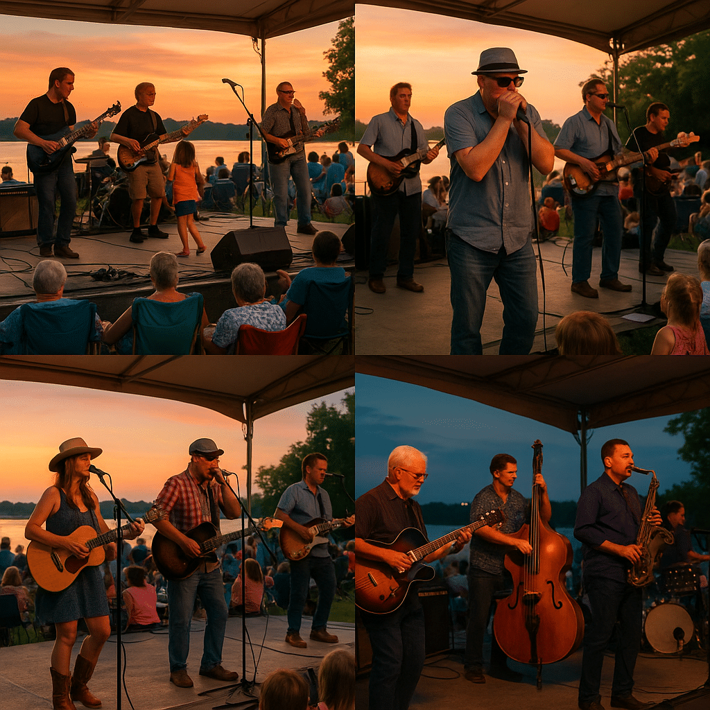 Collage of four riverside concert scenes at sunset and twilight, featuring a rock band, a blues harmonica player, a country duo, and a jazz ensemble performing at Grafton Music in the Park 2025.