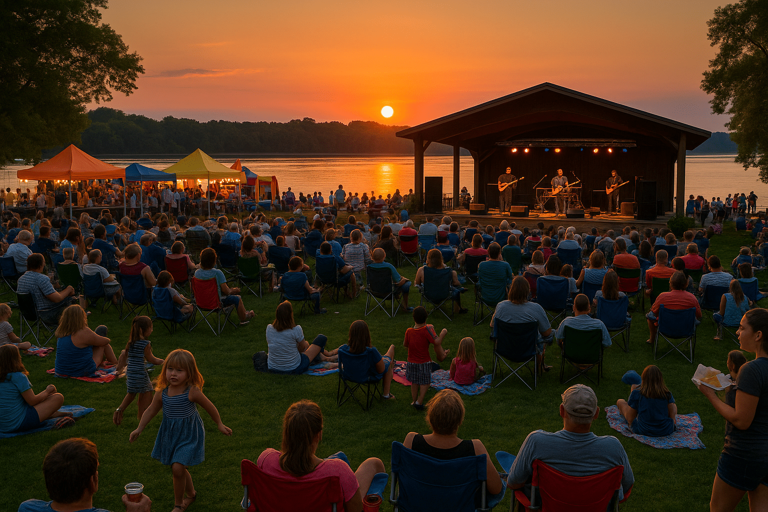 Crowd enjoying a lively riverside concert at sunset, with a band performing on stage, colorful food tents nearby, and the Mississippi River glowing in the background.
