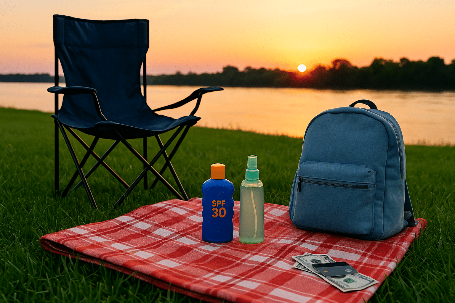 Outdoor picnic setup at sunset with a camping chair, red plaid blanket, backpack, sunscreen, bug spray, and cash—essentials to bring for a music festival by the river.