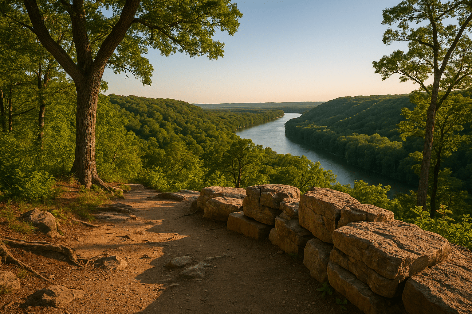 Scenic overlook at Pere Marquette State Park with a dirt trail, limestone boulders, and a winding river surrounded by lush green hills under a clear blue sky.