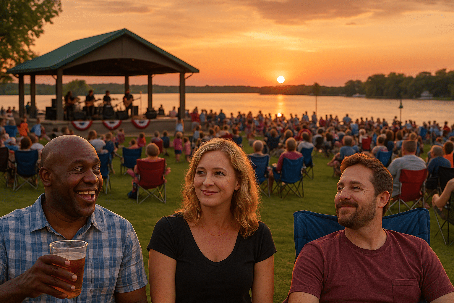 Three festivalgoers smiling and enjoying drinks in the foreground while a large crowd watches a live band perform on a riverside stage at sunset during Grafton Music in the Park.