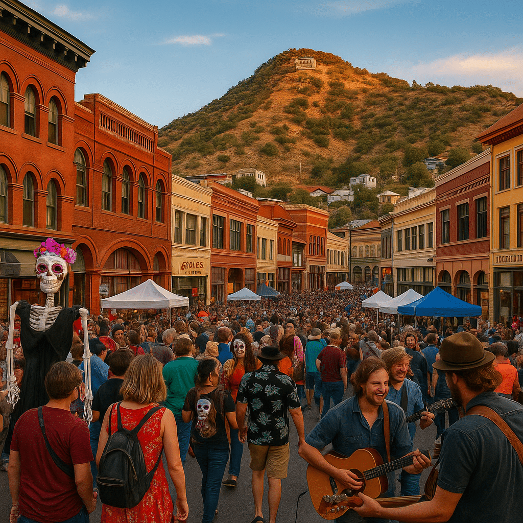 Street festival in Bisbee, Arizona, with crowds enjoying live music, colorful historic buildings, and a mountain backdrop at sunset.