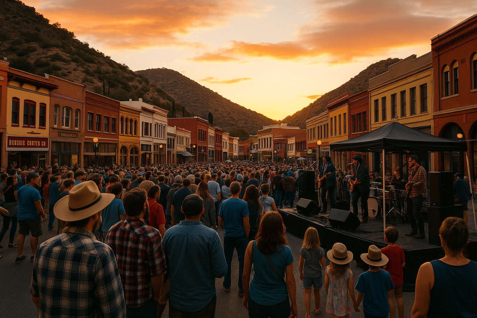 Crowd gathered in Bisbee’s historic downtown at sunset, watching live musicians perform on an outdoor stage during the Bisbee Music Festival 2025.