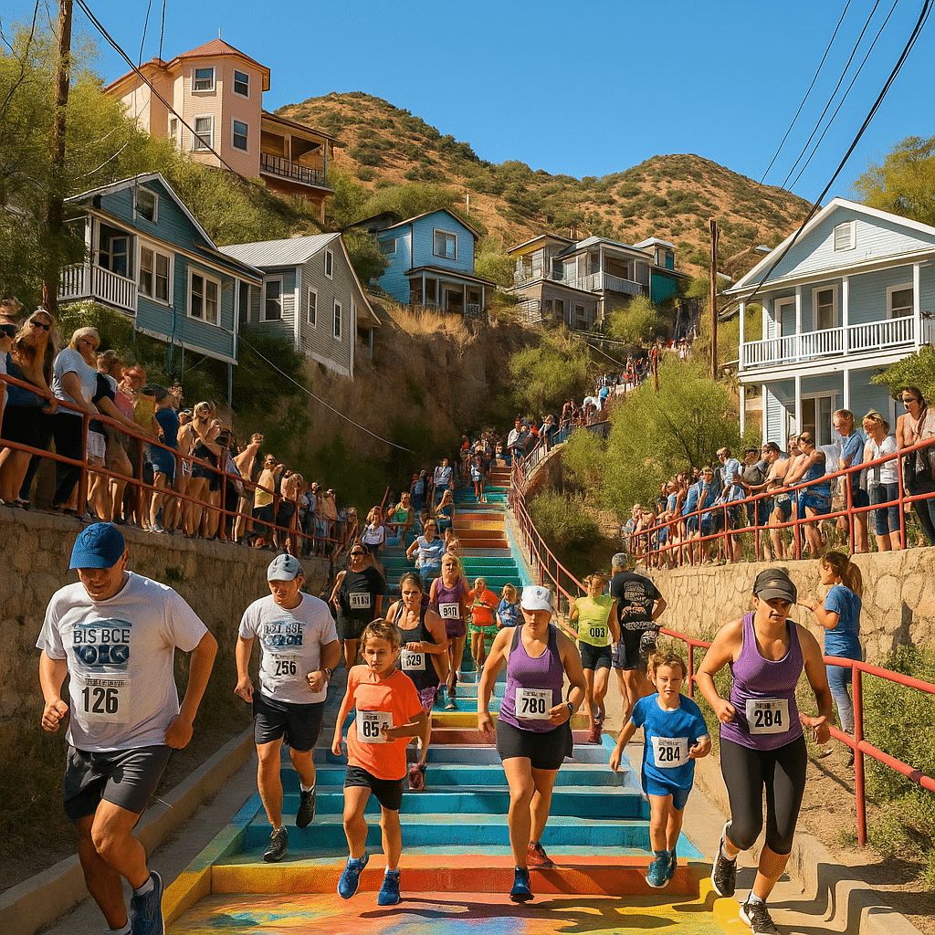 Participants running and walking up colorful mural-painted staircases during the Bisbee 1000 Great Stair Climb, with spectators cheering from the sides and hillside houses in the background.