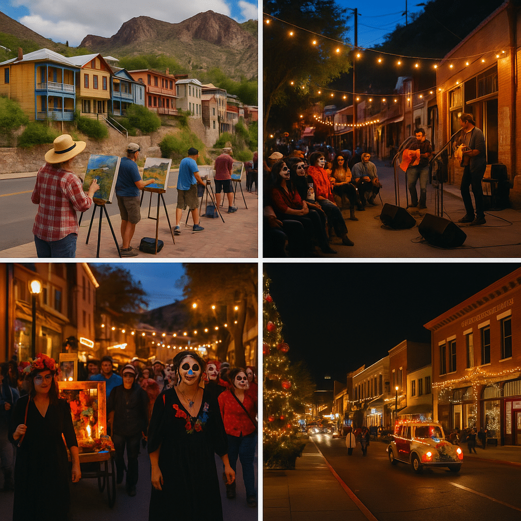 Collage of seasonal celebrations in Bisbee, Arizona: artists painting historic homes in spring, summer music night under string lights, Day of the Dead parade in fall, and festive Christmas lights downtown in winter.