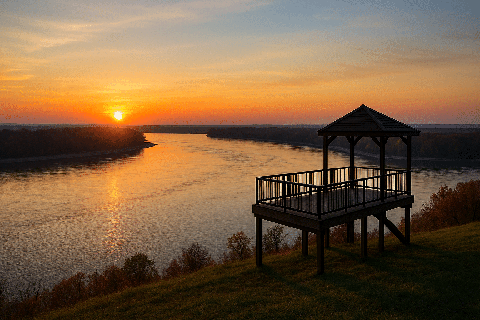 Sunset at Fort Defiance Park in Cairo, Illinois, with a wooden observation deck overlooking the confluence of the Ohio and Mississippi Rivers.