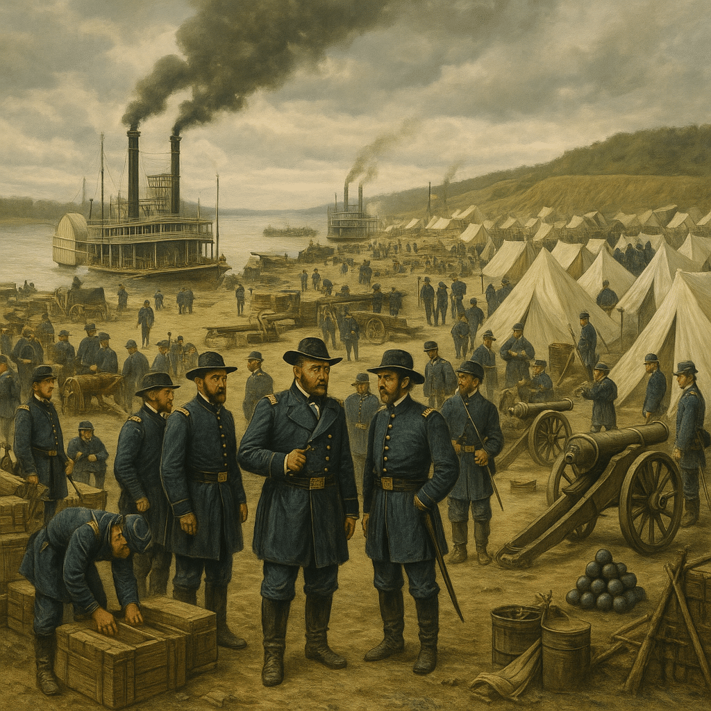 Civil War-era scene in Cairo, Illinois, with Union soldiers in blue uniforms setting up camp along the riverfront, steamboats docked nearby, cannons and supplies in place, and General Ulysses S. Grant overseeing the encampment.