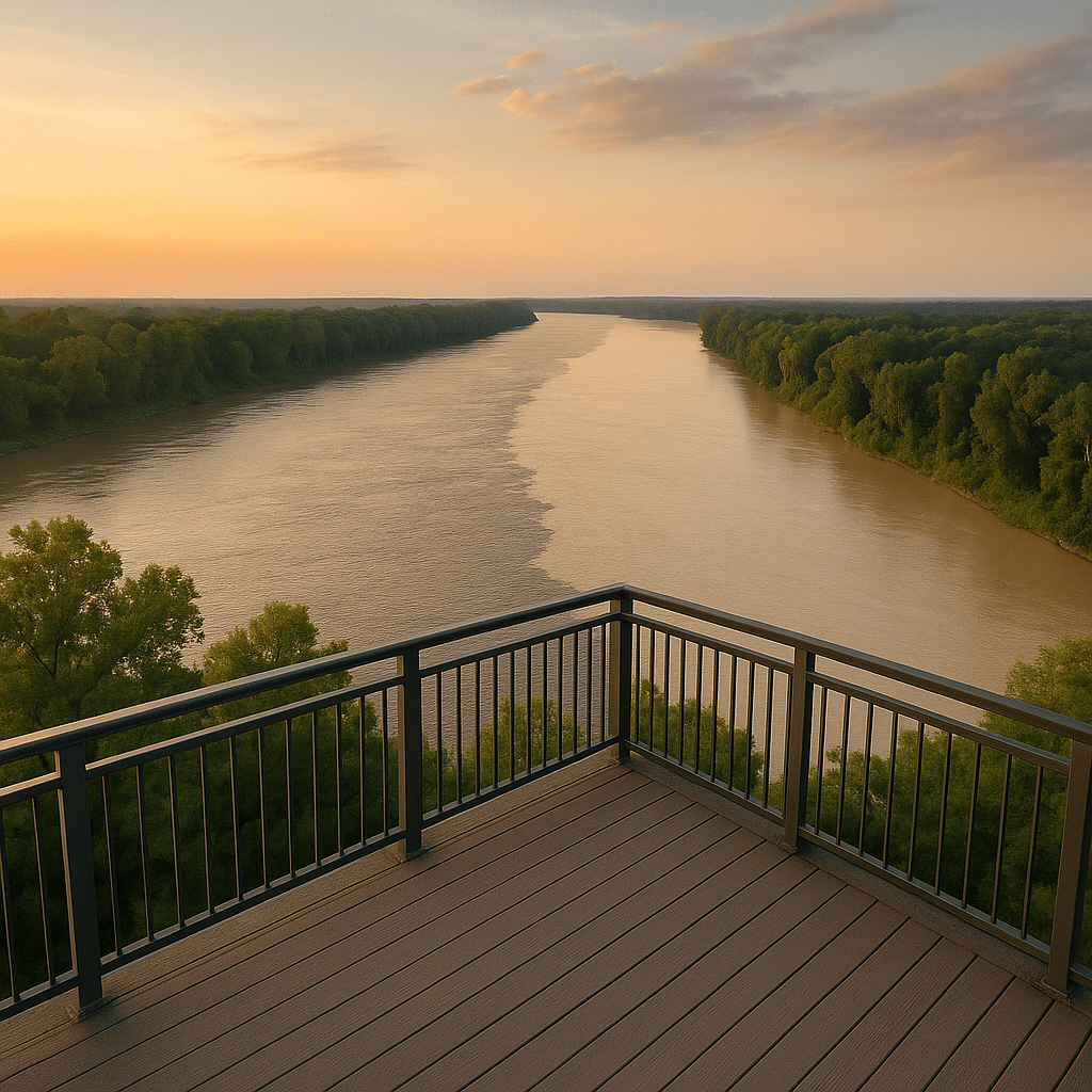 Observation deck at Fort Defiance Park in Cairo, Illinois, overlooking the confluence of the Mississippi and Ohio Rivers under a soft golden sky.