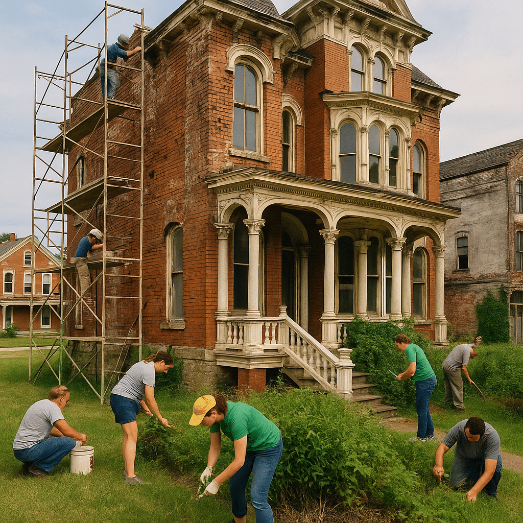 Restoration workers repairing a Victorian brick mansion in Cairo, Illinois, with scaffolding on one side and volunteers gardening and painting in front, symbolizing preservation efforts amid historic architecture.