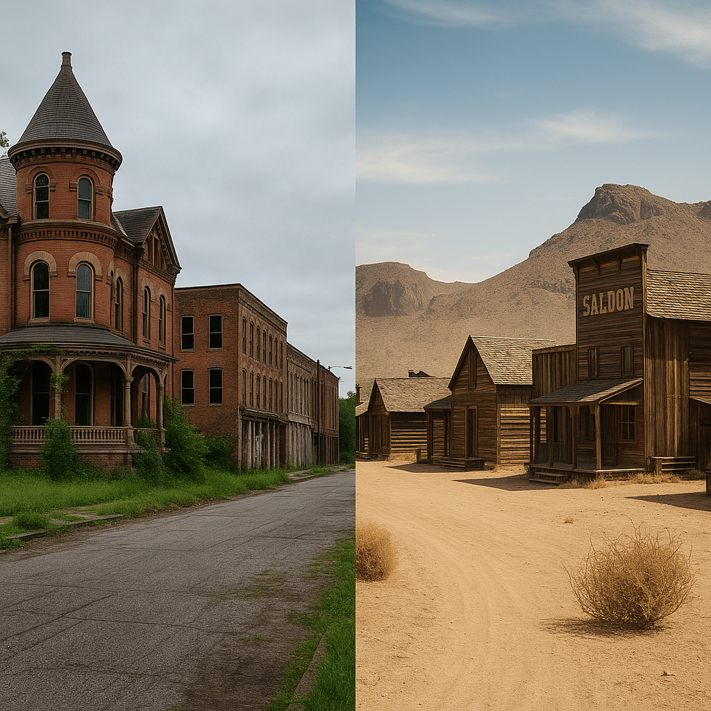 Composite image comparing ghost towns: on the left, Cairo, Illinois with abandoned brick Victorian buildings and overgrown streets; on the right, a western ghost town with wooden saloon and shacks in a desert landscape with tumbleweeds.