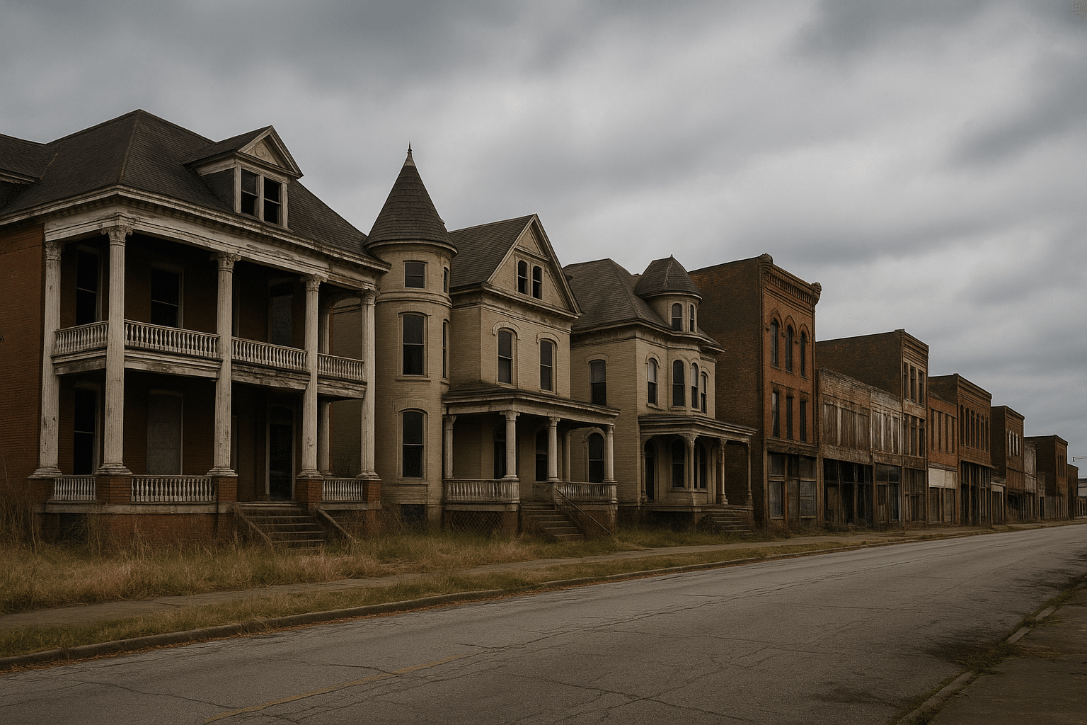 Abandoned Victorian mansions and crumbling brick storefronts in downtown Cairo, Illinois, with boarded windows, overgrown weeds, and a gloomy overcast sky.