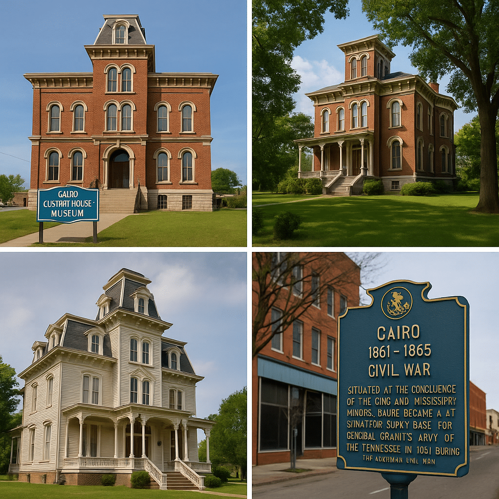Collage of Cairo, Illinois cultural attractions: Cairo Custom House Museum with a historic sign, Magnolia Manor Victorian mansion, Riverlore Mansion, and a Civil War historical marker downtown.