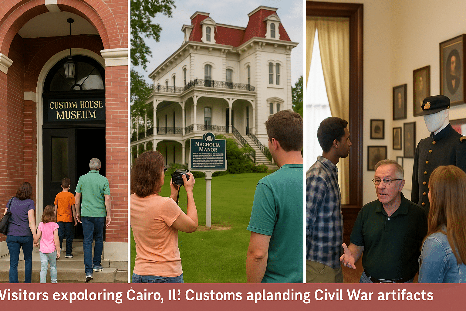 Collage of visitors exploring Cairo, Illinois cultural attractions: a family entering the Custom House Museum, a woman photographing Magnolia Manor, and a guide showing Civil War artifacts to two young visitors inside a museum.