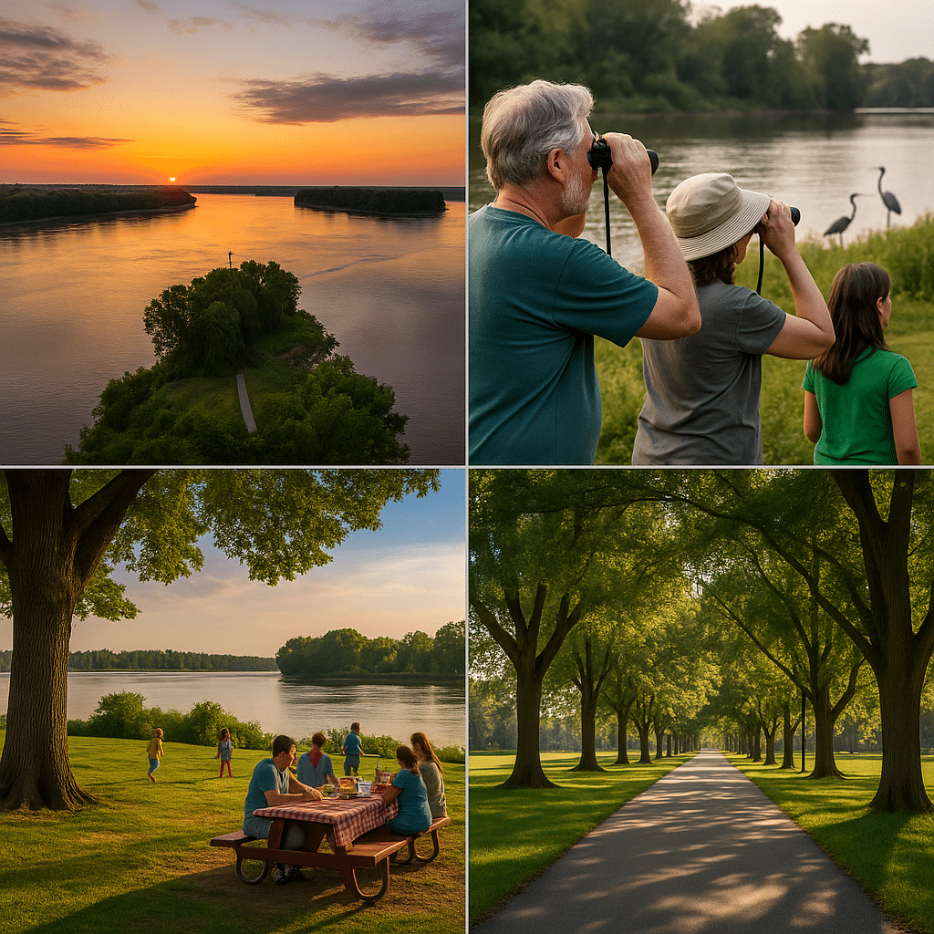Collage of outdoor attractions in Cairo, Illinois: sunset view of the rivers meeting at Fort Defiance Park, birdwatchers observing herons by the river, families having a picnic at a riverside park, and a peaceful tree-lined walking path.