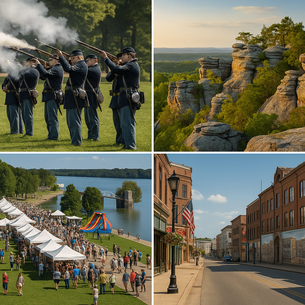 Collage of regional connections near Cairo, Illinois: Civil War reenactment with Union soldiers firing rifles, Garden of the Gods rock formations in Shawnee National Forest, a lively riverfront festival in Paducah, Kentucky, and historic downtown Cape Girardeau, Missouri with its brick buildings and murals.