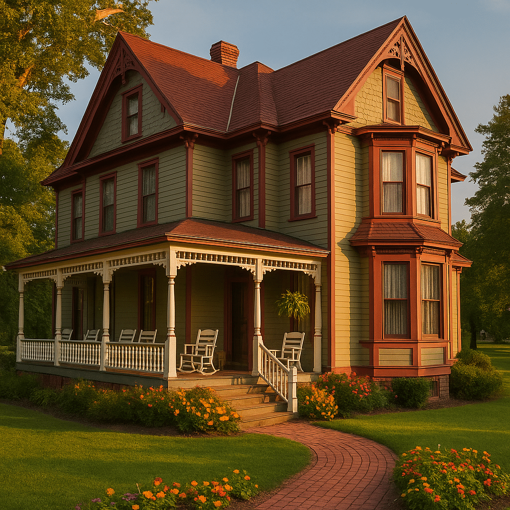 Victorian-style bed and breakfast with a wraparound porch, white rocking chairs, red gabled roof, and a garden pathway lined with colorful flowers at sunset.