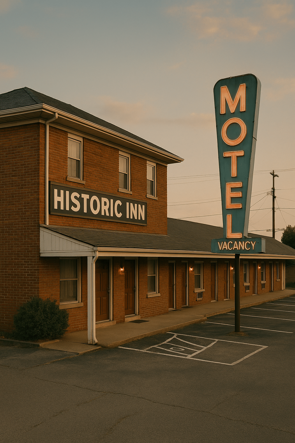 Historic inn and vintage roadside motel in Cairo, Illinois, with a brick exterior, large “Historic Inn” sign, and retro neon “Motel Vacancy” sign glowing at sunset.