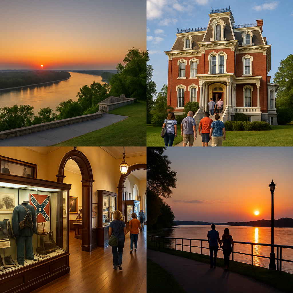 Collage of one-day itinerary in Cairo, Illinois: sunrise at Fort Defiance Park over the confluence, visitors touring Magnolia Manor, exploring Civil War exhibits inside the Custom House Museum, and an evening riverside walk at sunset.