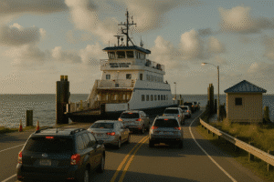 Cars boarding the Ocracoke ferry from the Hatteras terminal in North Carolina.