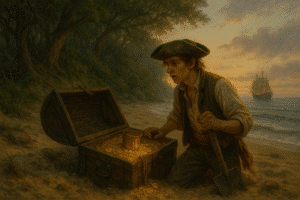 Pirate uncovering hidden treasure chest of gold on Ocracoke Island beach at sunset.