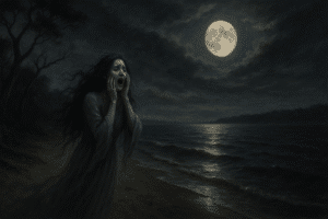 Ghostly woman crying on Ocracoke beach at night under a full moon