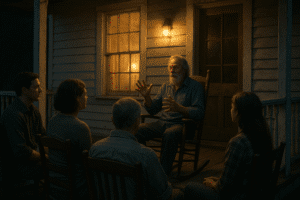 Elderly man sharing Ocracoke ghost stories on a porch at night with family gathered around.