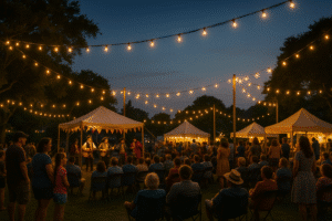 Evening crowd at Ocracoke festival with live music and string lights