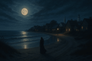Mysterious figure walking along Ocracoke beach at night under a full moon