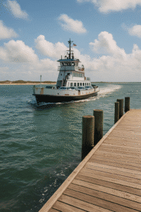 Ocracoke ferry arriving at the dock over Pamlico Sound, North Carolina