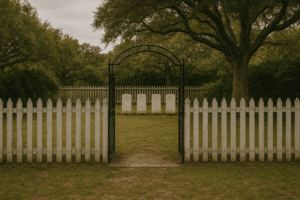 Entrance to the British Cemetery on Ocracoke, NC&mdash;white picket fence and WWII Royal Navy graves