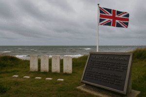 British Cemetery Ocracoke&mdash;Union Jack, Battle of the Atlantic memorial plaque, and WWII Royal Navy graves by the sea.