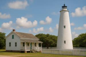 Ocracoke Lighthouse with the historic white keeper&rsquo;s house beside it, under a blue sky with scattered clouds.