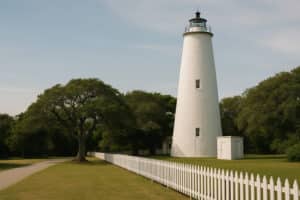 Ocracoke Lighthouse behind a white picket fence with a large tree and pathway nearby.