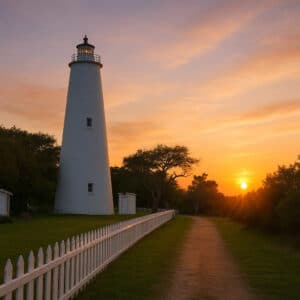 Ocracoke Lighthouse at sunset with a glowing sky and pathway along the white picket fence.