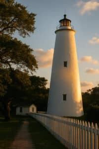 Ocracoke Lighthouse glowing in the evening sunlight with a white picket fence and keeper&rsquo;s house nearby.