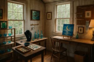Inside an Ocracoke artisan shop with handmade jewelry, glasswork, and coastal art