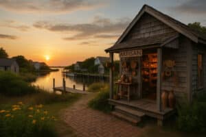 Ocracoke artisan shop by the water at sunset showcasing handmade crafts