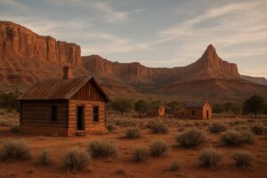 Historic wooden cabin in a desert ghost town with red rock cliffs in the background at sunset
